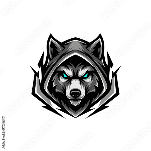 A fierce wolf wearing a dark hooded cloak with glowing blue eyes.
