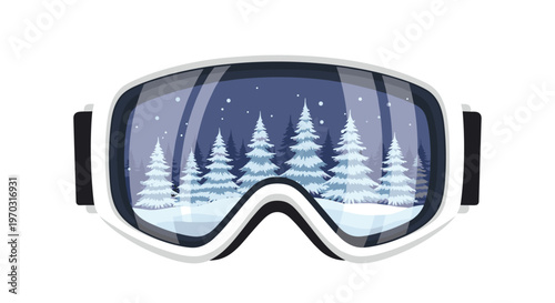 A pair of white and black ski goggles reflects a dense, snowy evergreen forest with falling snowflakes on a white background.