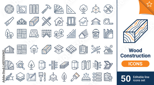 Wood Construction and Carpentry Line Icons Set with Timber, Tools, and Building Symbols