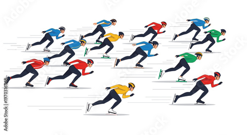 Twelve speed skaters in colorful uniforms race across an ice surface with speed lines on a white background.
