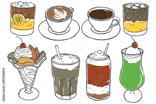 A collection of popular Japanese cafe beverages featuring a green melon soda float, iced coffee, latte art, lemon espresso tonic, and a fruit parfait in a hand-drawn vector style isolated on white