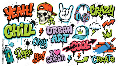 Colorful graffiti doodle stickers with urban slang, street art text, and playful cartoon icons.