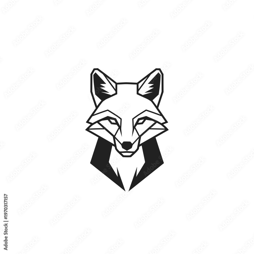 Fototapeta premium Geometric black and white fox head logo design with sharp lines and abstract style.