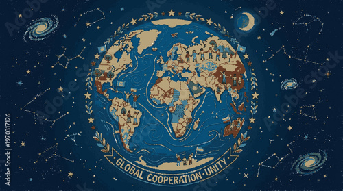 Vibrant earth globe with global cooperation unity text in starry night sky with celestial bodies
