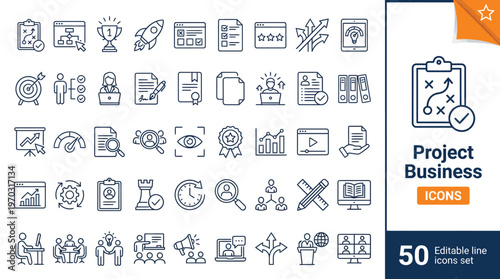 Outline icons of project management, business planning, workflow, teamwork, and strategy concepts