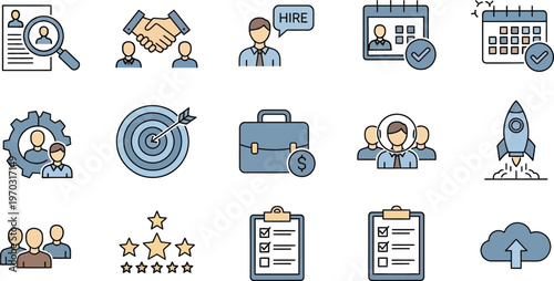 Business management and human resources hiring process icon set
