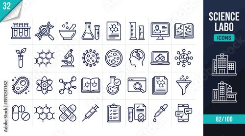Outline science lab icons featuring chemistry tools, research equipment, and laboratory symbols.