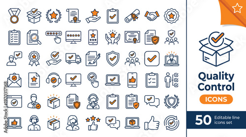Outline quality control icons showing inspection, checklist, certification, and process management symbols.