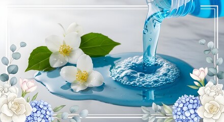 Blue detergent pouring bubbles jasmine hydrangea rose eucalyptus border