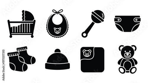 A collection of black silhouette icons depicting various baby essentials including clothing toys and care items high quality professional detailed modern