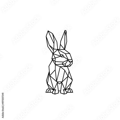 A minimalist geometric line art illustration of a rabbit sitting upright.