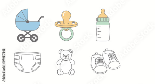 Baby items vector set including stroller pacifier bottle diaper and shoes