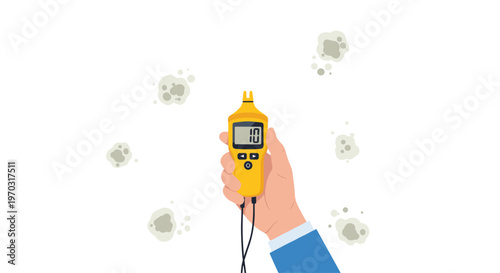 A human hand holds a yellow digital moisture meter displaying '10' amidst several grey mold spots on a white background.