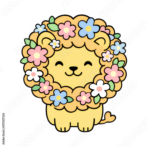 Cute lion cartoon lion flower wreath kawaii pastel smiling vector illustration