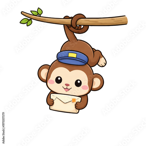 Cute monkey mail carrier cartoon, brown monkey hanging from tree branch, blue hat, holding envelope, cheerful animal mail delivery