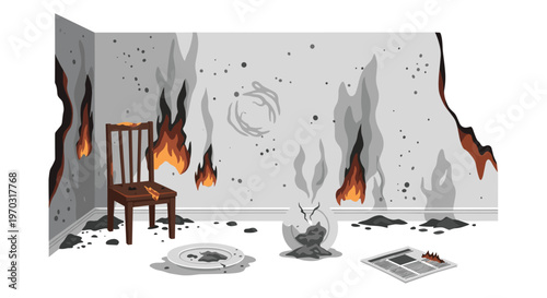 A room interior displays extensive fire damage with black scorch marks, flames, a burnt chair, and debris on the floor.