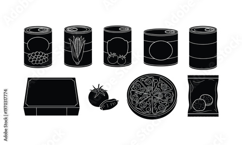 Assorted vintage-style canned and packaged food illustrations