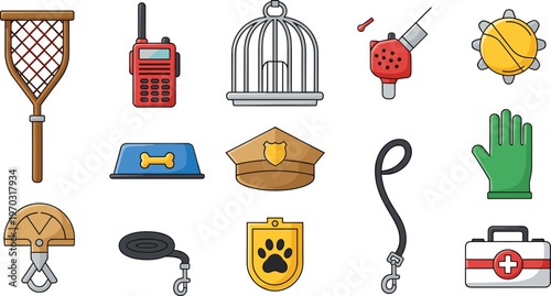 Animal Control and Safety Equipment Icon Set Featuring Net, Radio, Leash, First Aid Kit, and Police Badge