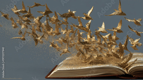Ai Book with golden glitter birds flying out into the air in a creative display of imagination and freedom