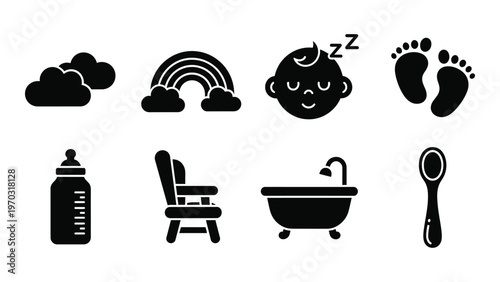 A collection of simplistic black glyphs depicting baby related items like a sleeping face rainbow and bathtub high quality professional detailed