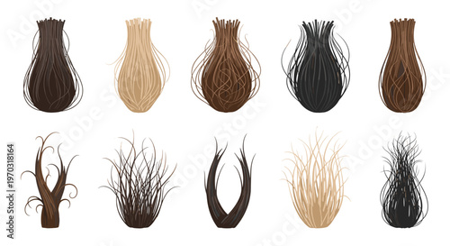 Ten stylized bundles of hair in various colors and textures are arranged on a white background.