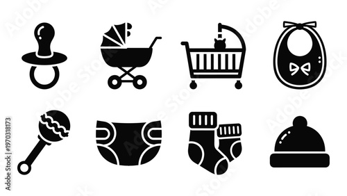 A collection of black silhouette icons depicting various baby essentials and items for childcare presented in a row high quality professional