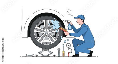 A smiling mechanic in blue overalls cleans a car wheel with a brush and spray bottle.