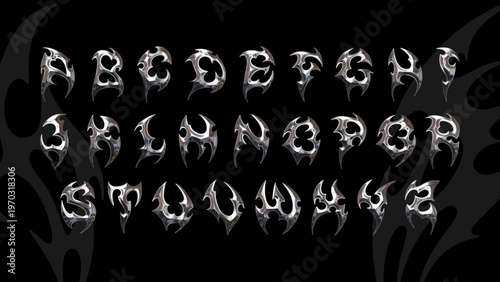 Chrome tribal uppercase alphabet set with cybersigilism 3D letters