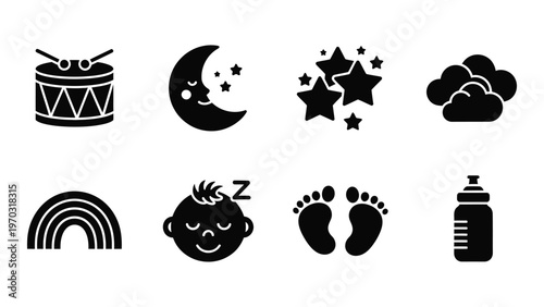 A collection of black silhouette icons depicting baby related items like a drum moon rainbow and bottle high quality professional detailed