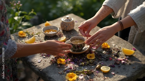 Tea Ceremony Moment: Two sets of hands converge over a delicate teacup set on a rustic stone table. Sun-drenched petals and lemon slices embellish the scene.
