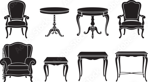 Assortment of antique furniture silhouettes on white background chair table