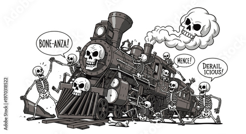 Skeleton Crew Causes Playful Derailment on a Vintage Steam Train with Sarcastic Skull Smoke