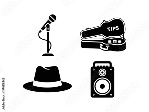 Collection of musical instruments and accessories, including a microphone, guitar case, speaker, and hat, representing music and performance