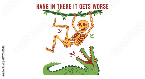 Skeleton Sarcastic Skull Hanging from a Vine Above an Alligator with Humorous Text