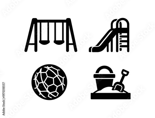 Black silhouette icons of diverse playground equipment including a swing set, slide, climbing structure, and sandbox, perfect for depicting children's outdoor play areas