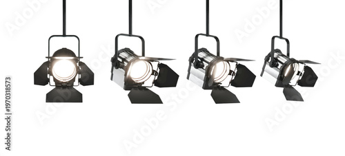 Four stage spotlights isolated on transparent background for lighting and performance visuals.