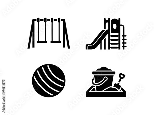 Collection of essential playground equipment icons, featuring swings, a slide, a ball, and a sandbox with shovel, symbolizing childhood fun and outdoor recreation concepts for children