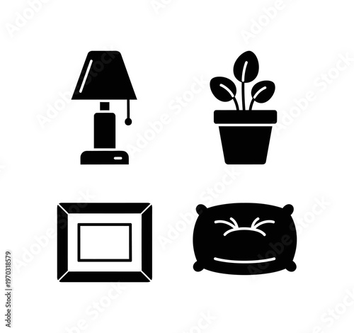 Vector silhouettes of common home decor items a table lamp, potted plant, picture frame, and soft pillow, perfect for illustrating interior design and comfort concepts