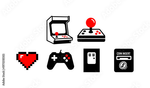 Vector icon set for gaming, featuring classic arcade cabinets, retro joysticks, modern console controllers, pixelated health symbols, and coin insert elements