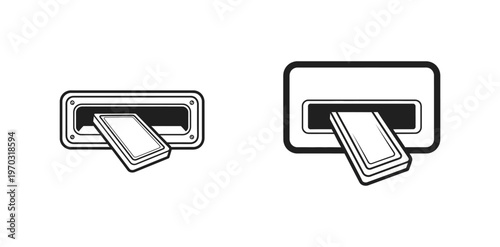 Hand inserting a credit card into a slot, and a credit card exiting a slot