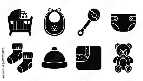A collection of black silhouette icons depicts essential baby items including a crib bib rattle and soft toys high quality professional