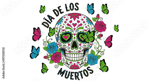 Skull Sarcastic Skull Artwork for Day of the Dead Celebration Adorned with Colorful Floral Patterns and Butterflies