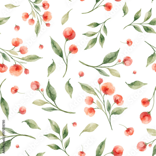 Watercolor berry floral seamless pattern with delicate red berries and green leaves botanical design