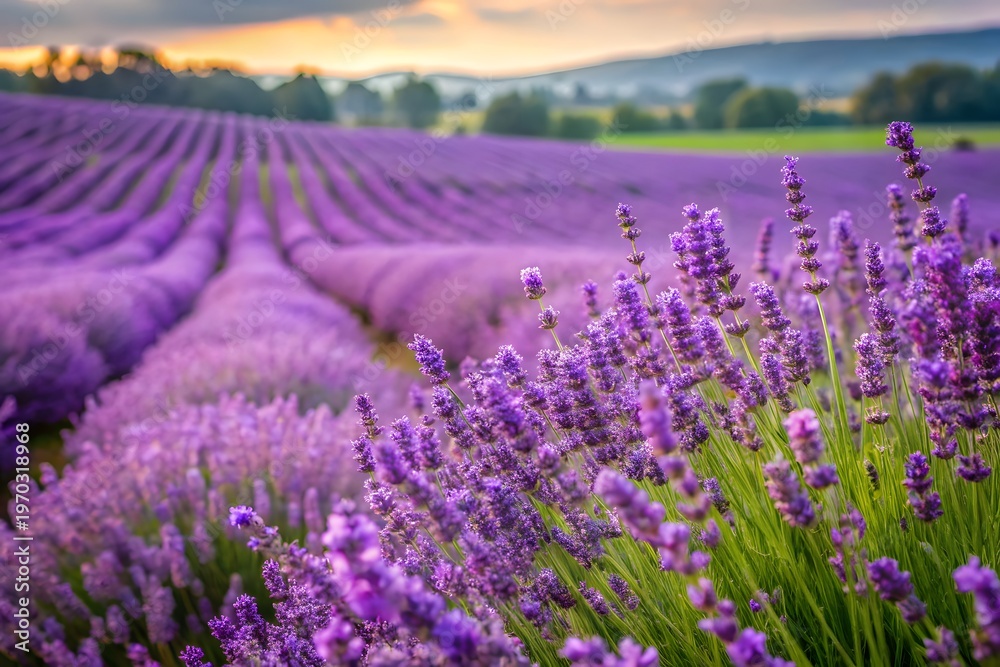 Obraz premium Rows of purple lavender flowers on green stems in a field at sunset on white background png lavender field