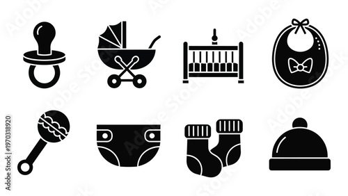 A collection of black silhouette icons depicts various baby essentials like bottles strollers and clothing items high quality professional detailed modern