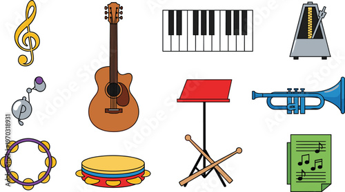 Musical Instruments and Equipment Icon Set Featuring Guitar, Piano, Trumpet, Metronome, and Music Stand