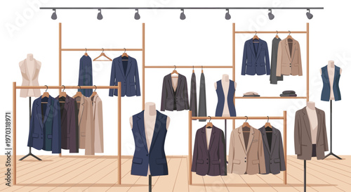 A men's clothing store displays blue, grey, and brown suits, jackets, and vests on wooden racks and mannequins under track lighting.