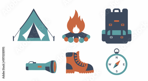 Camping and outdoor adventure equipment illustrations on white background