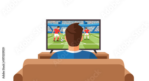 A man with brown hair sits on a brown sofa, watching a soccer game on a large television from a direct back-view perspective.