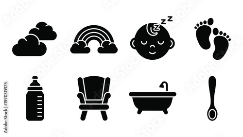 A collection of minimalist black icons representing baby related items clouds rainbow footprints and nursery essentials high quality professional detailed modern